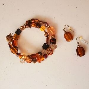 Handmade Wrap Beaded Bracelet & Earring Set Shades of Brown Gold & Amber Orange